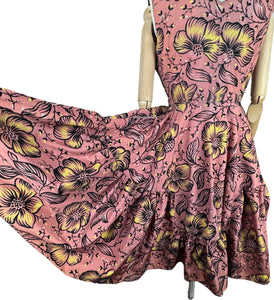Original 1950's Salmon Pink Grosgrain Full Circle Day Dress with Bold Floral in Yellow, White and Black Flock - Bust 36