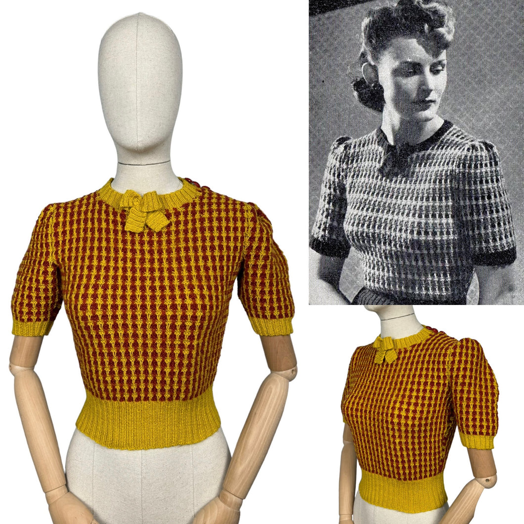 Reproduction 1940's Waffle Stripe Jumper in Cognac and Mustard Knitted from a Wartime Pattern - Bust 36 38 40