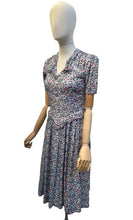 Load image into Gallery viewer, Original 1930's Floral Crepe Day Dress in Blue, Red and Green with Frill Trim - Bust 34
