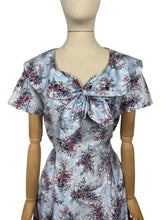 Load image into Gallery viewer, Original 1950&#39;s Floppy Blue Cotton Day Dress with Floral Sprays in Red, Yellow and White - Bust 38 40
