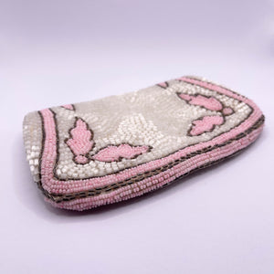 Original 1930's White, Pink and Silver Beaded Evening Bag - Pretty Purse with Mirror *
