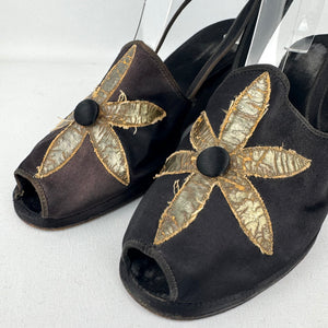 Wounded but Wearable Original 1940's Black Satin Evening Wedge Shoes with Gold Floral Applique Trim - Size 5 5.5