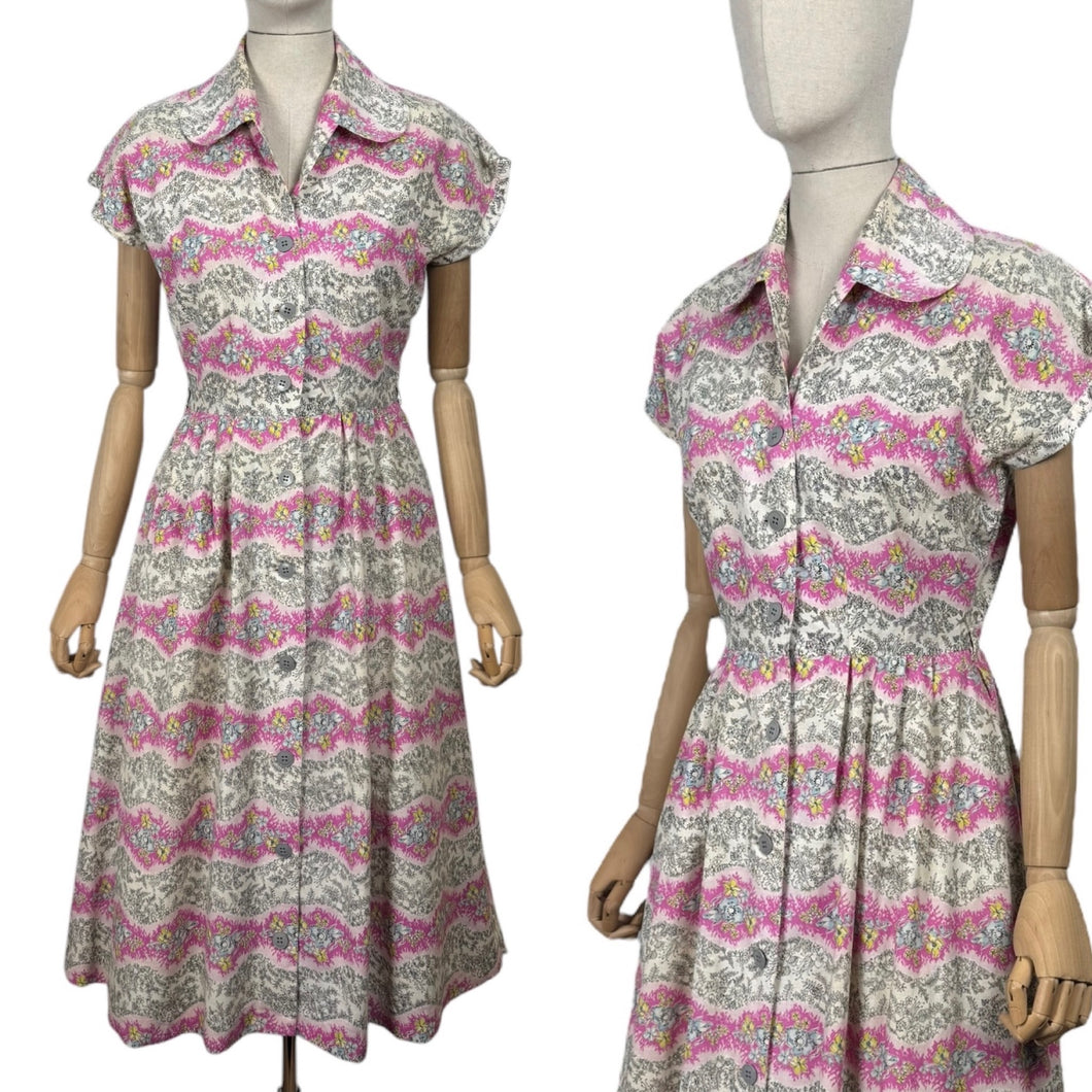 Original Late 1940's Ritchwear Floral Cotton Stripe Day Dress in White, Black, Pink, Yellow and Blue - Bust 37