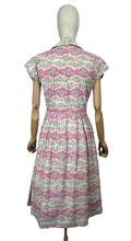 Load image into Gallery viewer, Original Late 1940&#39;s Ritchwear Floral Cotton Stripe Day Dress in White, Black, Pink, Yellow and Blue - Bust 37
