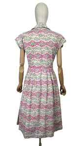Original Late 1940's Ritchwear Floral Cotton Stripe Day Dress in White, Black, Pink, Yellow and Blue - Bust 37