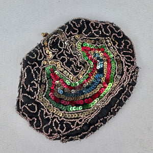 Original 1930's Black Evening Bag with Bead and Sequin Decoration in Red, Green, Gold and Blue