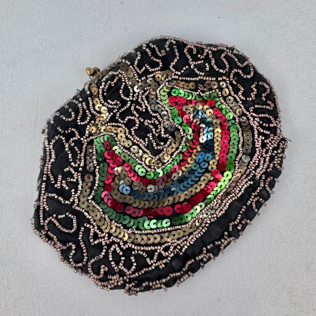 Original 1930's Black Evening Bag with Bead and Sequin Decoration in Red, Green, Gold and Blue