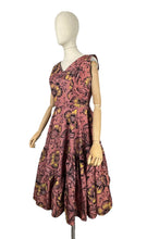 Load image into Gallery viewer, Original 1950&#39;s Salmon Pink Grosgrain Full Circle Day Dress with Bold Floral in Yellow, White and Black Flock - Bust 36
