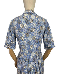 Original 1940's CC41 Heavy Linen Day Dress in Blue, Black and White - Bust 34