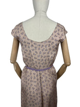 Load image into Gallery viewer, Original 1950&#39;s Pure Silk Squirrel Novelty Print Belted Wiggle Dress in Taupe and Purple - Bust 36
