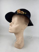 Load image into Gallery viewer, Original 1930’s Fine Navy Straw Hat with Pretty Red and White Floral Trim *
