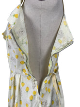 Load image into Gallery viewer, Original 1950&#39;s Yellow, Green and Brown Novelty Print Sleeveless Belted Day Dress with Roses, Birds and Birdcage Print - Bust 38
