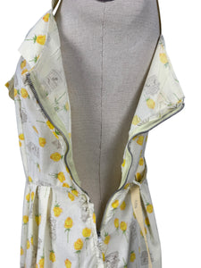 Original 1950's Yellow, Green and Brown Novelty Print Sleeveless Belted Day Dress with Roses, Birds and Birdcage Print - Bust 38