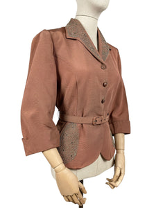 Original 1950’s Warm Brown Grosgrain Belted Jacket with Soutache Trim - Bust 36 37