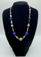 Load image into Gallery viewer, Original 1930&#39;s Art Deco Filigree and Blue Glass Beaded Necklace
