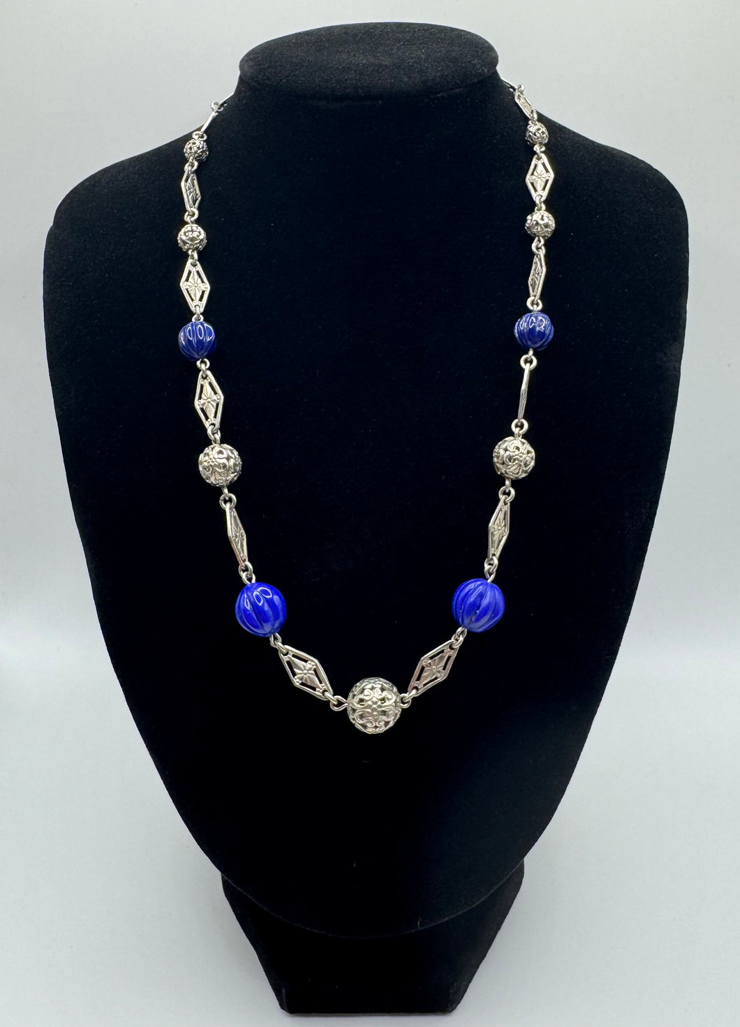 Original 1930's Art Deco Filigree and Blue Glass Beaded Necklace