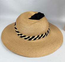 Load image into Gallery viewer, Original 1930's Natural Straw Hat with Navy and Ivory Grosgrain Trim

