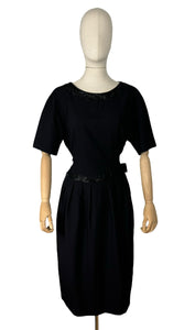 Original 1950’s Black Beaded Wool Wiggle Dress with Bow Trim from Budapest - Bust 40 42