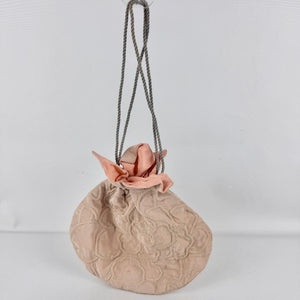 1920's 1930's Blush Crepe Trapunto Quilted Drawstring Bag with Peach Crepe Lining