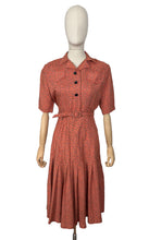 Load image into Gallery viewer, Original 1940&#39;s Belted Heavy Linen Day Dress in Orange, Black and White with Glass Button Detail - Bust 28
