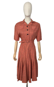 Original 1940's Belted Heavy Linen Day Dress in Orange, Black and White with Glass Button Detail - Bust 28