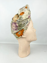 Load image into Gallery viewer, Original 1950&#39;s Floral Scarf in Orange and Purple - Great Headscarf for a Turban
