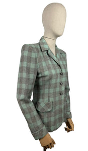 Original 1940's CC41 Blue, Grey and White Wool Check Single Breasted Jacket - Bust 34 35