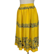 Load image into Gallery viewer, Original 1950&#39;s Yellow, Turquoise and Black Novelty Print Skirt - Waist 28&quot;
