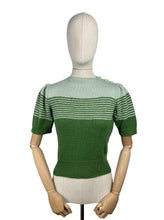 Load image into Gallery viewer, Reproduction 1940&#39;s Striped Jumper in Turtle Green and Pale Sage Green Pure Wool with Full Puff Sleeves - Bust 34 36
