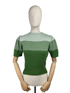 Reproduction 1940's Striped Jumper in Turtle Green and Pale Sage Green Pure Wool with Full Puff Sleeves - Bust 34 36