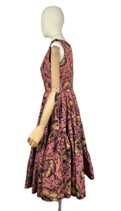 Original 1950's Salmon Pink Grosgrain Full Circle Day Dress with Bold Floral in Yellow, White and Black Flock - Bust 36