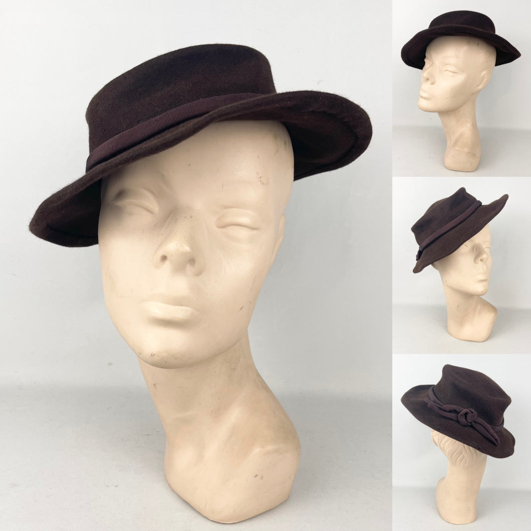 Original 1940’s Chocolate Brown Felt Hat with Grosgrain Trim