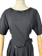 Load image into Gallery viewer, Original 1950’s Black Beaded Wool Wiggle Dress with Bow Trim from Budapest - Bust 40 42
