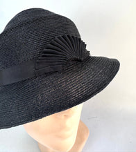 Load image into Gallery viewer, Original 1920's 1930's Black Straw Hat with Pleated Black Grosgrain Trim *
