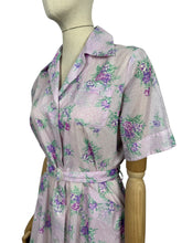 Load image into Gallery viewer, Original 1950&#39;s Purple Nylon Belted Day Dress with Pink and Green Bold Floral Print - Bust 36 38

