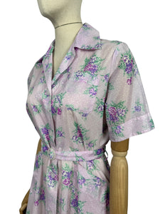 Original 1950's Purple Nylon Belted Day Dress with Pink and Green Bold Floral Print - Bust 36 38