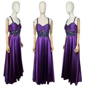 Original 1950's Purple Satin Evening Dress with Beautiful Sequin Detail - Bust 40 *