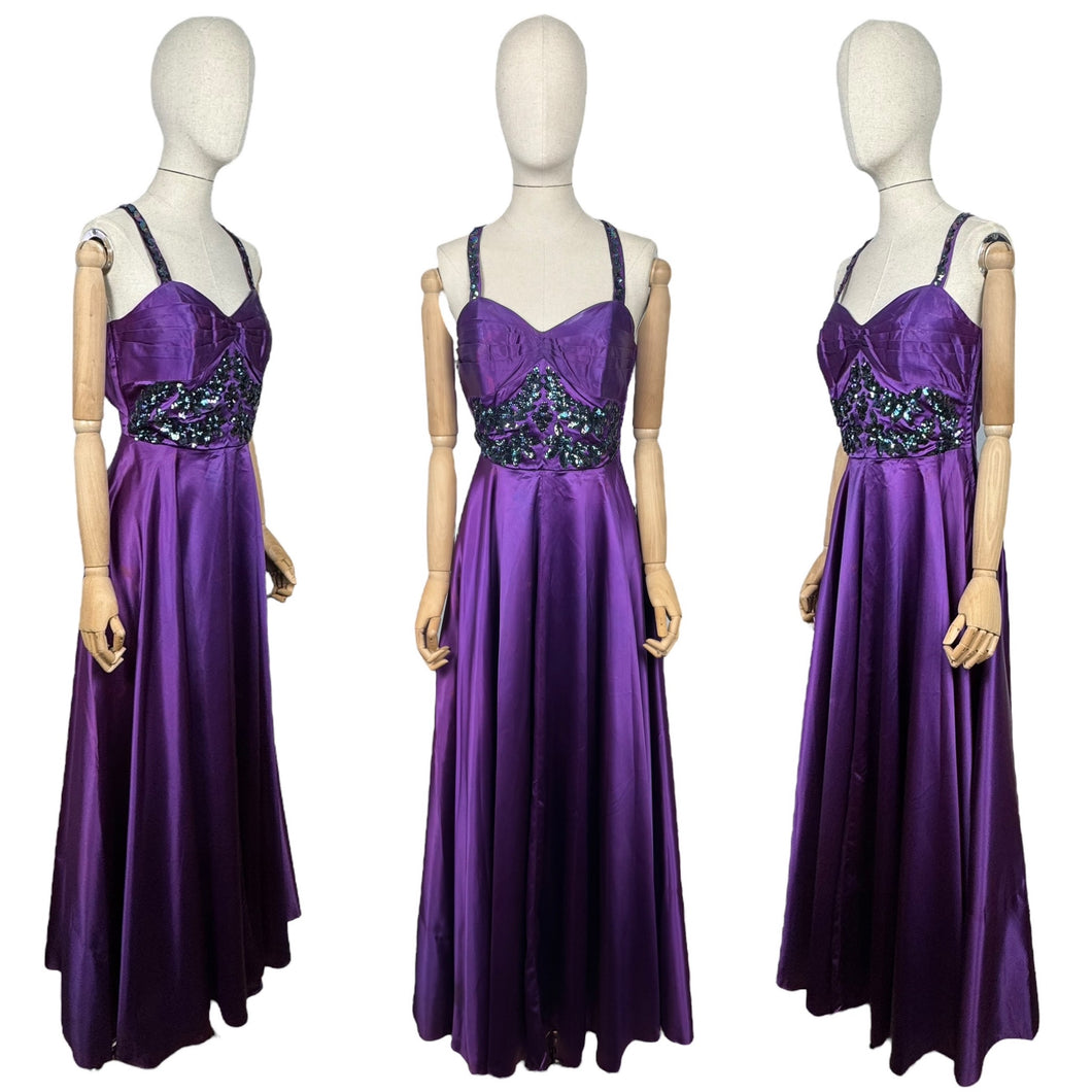 Original 1950's Purple Satin Evening Dress with Beautiful Sequin Detail - Bust 40 *