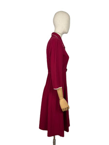 Original 1940’s Rich Red Wool Belted Day Dress with White Trim - Bust 34 36