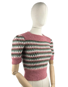 Reproduction 1940’s Hand Knitted Striped Jumper in Pink, White, Green and Brown Alpaca Wool - Bust 33 34 35