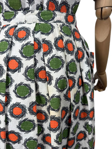 Original 1950's White, Orange, Green and Black Barkcloth Blouse and Skirt Suit - Bust 38 *
