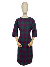 Load image into Gallery viewer, Original 1950’s Plaid Wool Wiggle Dress in Purple, Magenta and Green - Bust 38 40 *
