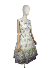 Load image into Gallery viewer, Original 1950&#39;s Cream, Purple and Green Nylon Full Skirted Dress - Bust
