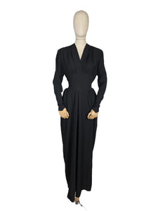 Original 1930's 1940's Black Crepe Long Sleeved Evening Dress with Back Belt - Bust 40 42