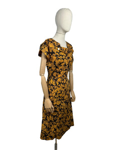 Original 1950’s Orange and Black Floral Cotton Wiggle Dress *