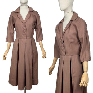 Original 1950’s Stylish Warm Brown Slub Linen Day Dress - Bust 36 *