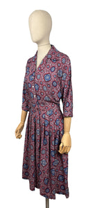 Original 1950's Volup Burgundy, Red, Blue and White Classic Cotton Belted Day Dress - Bust 40 42 *