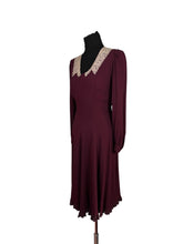 Load image into Gallery viewer, Original 1930's Petite Length Burgundy Crepe Long Sleeved Belted Day Dress with Lace Detail - Bust 34
