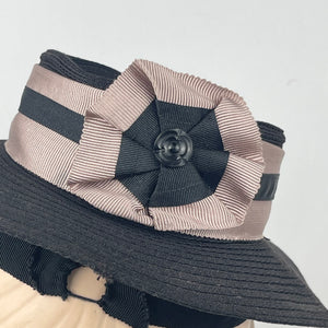 Original 1940's Neat Little Black Topper Hat with Grosgrain Ribbon Trim