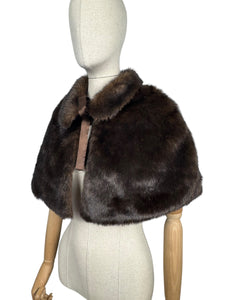 Original 1950's Faux Fur Dark Brown Evening Cape with Satin Lining and Bow Trim